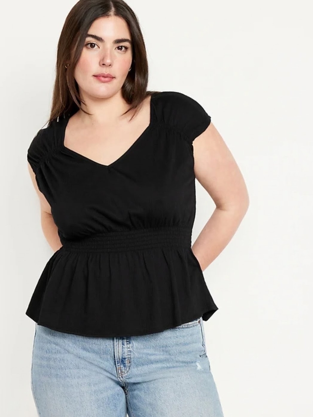 Black V-Neck Peplum Top with Smocked Waist